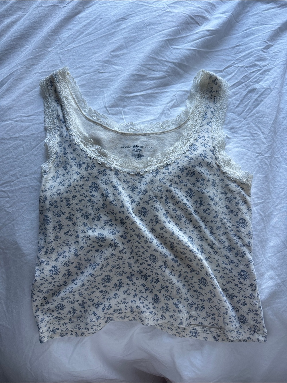 Brandy Melville Delicate Lace-Trim Floral Tank Top in Cream and Blue